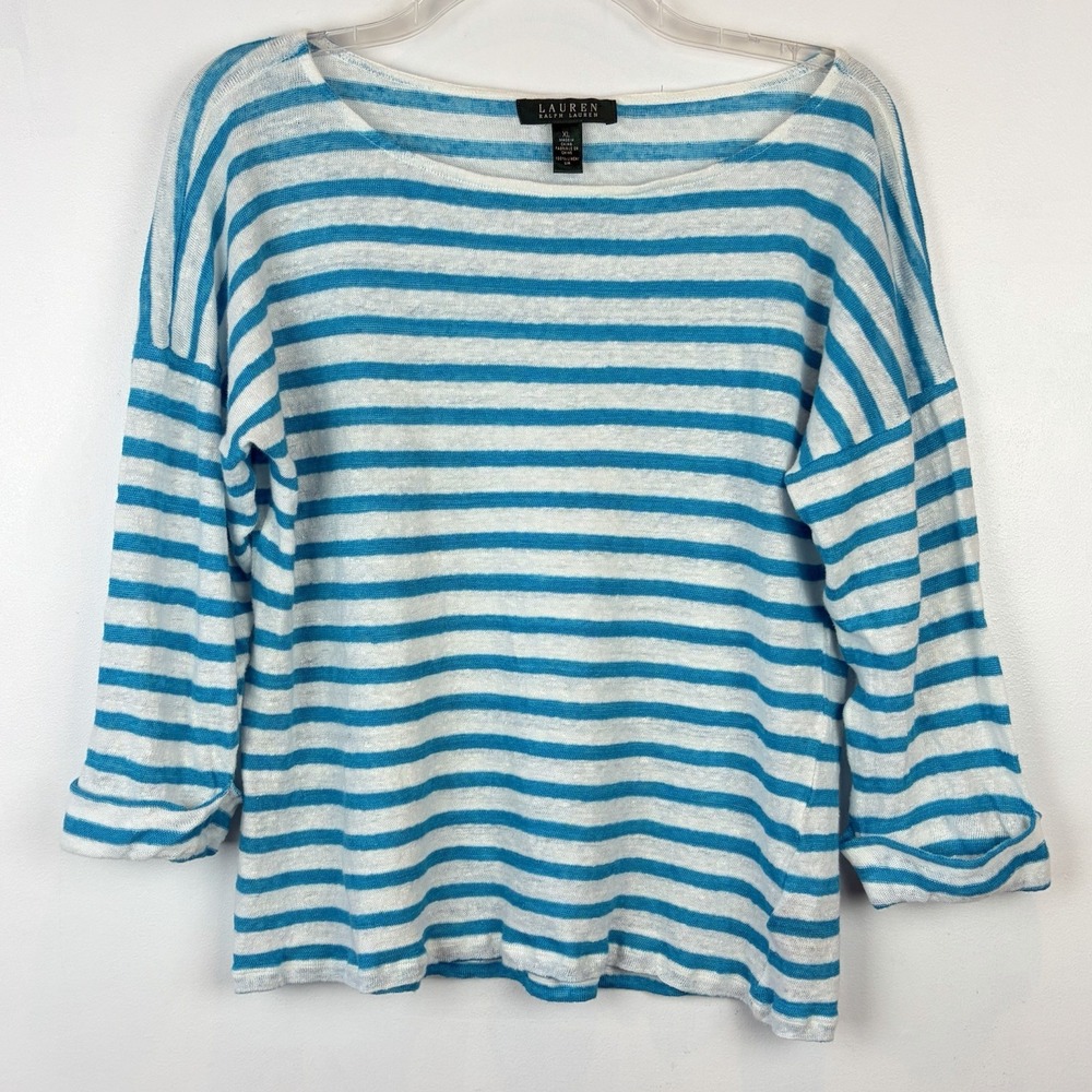 Lauren Ralph Lauren Linen Top Women XL Blue White Stripe Nautical Casual Comfort